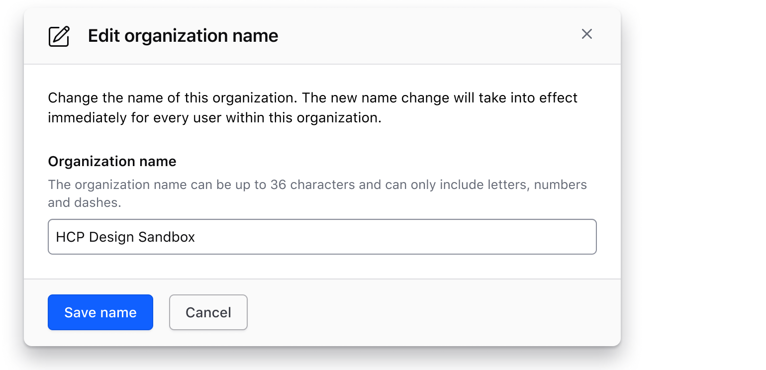 A modal that has a form to edit an organization. The title is "Edit organization name" and the save button is "Save name".